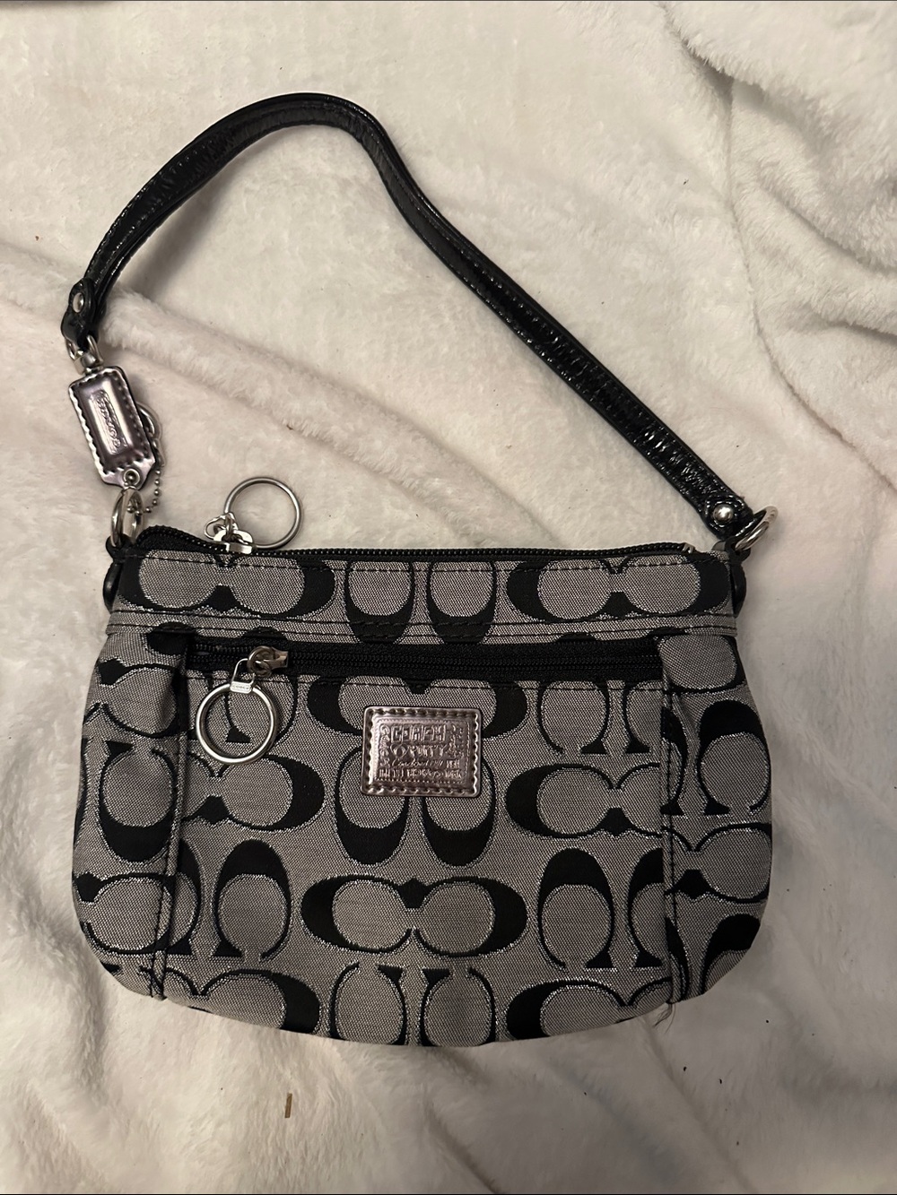 Coach Black and Gray Signature Wristlet with Silver Hardware
